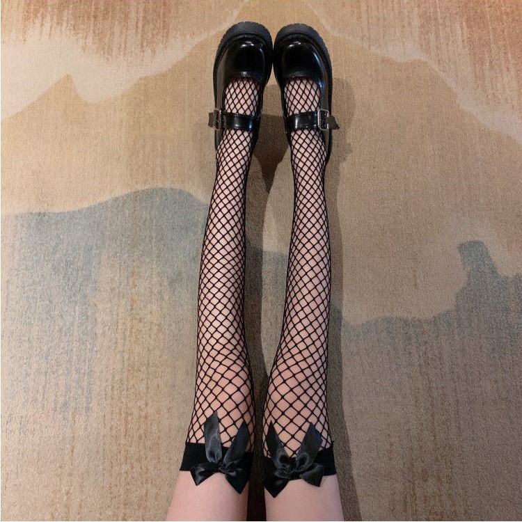 蝴蝶结半截渔网袜夏季薄款洛丽塔过膝袜性感蕾丝大网格丝袜子