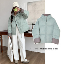 韩国时尚袖口撞色棉衣女2023冬新款立领小个子短款简约面包外套