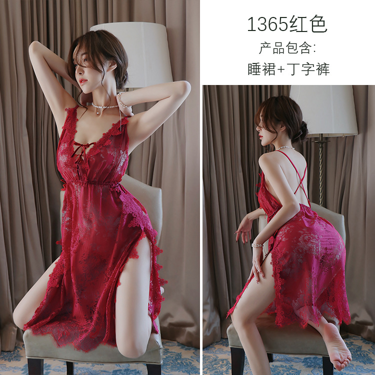 Lonnight Sexy Lingerie Lace Seduction Sexy Lingerie Side Slit Slip Nightdress Home Pajamas Female 1365