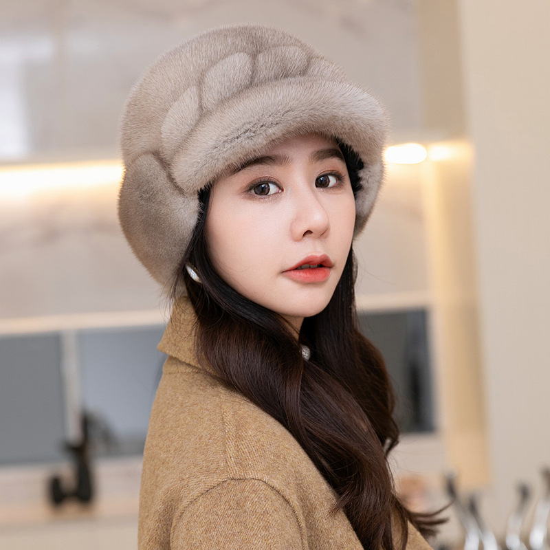 整貂毛鸭舌帽女士冬季韩版加厚保暖水貂真毛皮草帽中老年貂皮女帽