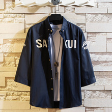 跨境出口 夏季薄款字母七分袖衬衫男士 韩版修身青年休闲衬衣外套