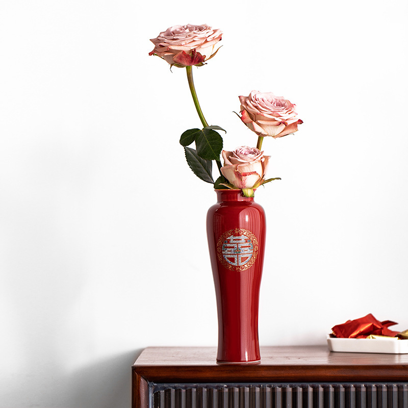 景德镇花瓶摆件结婚中式陶瓷器红色客厅插花喜庆婚房装饰品