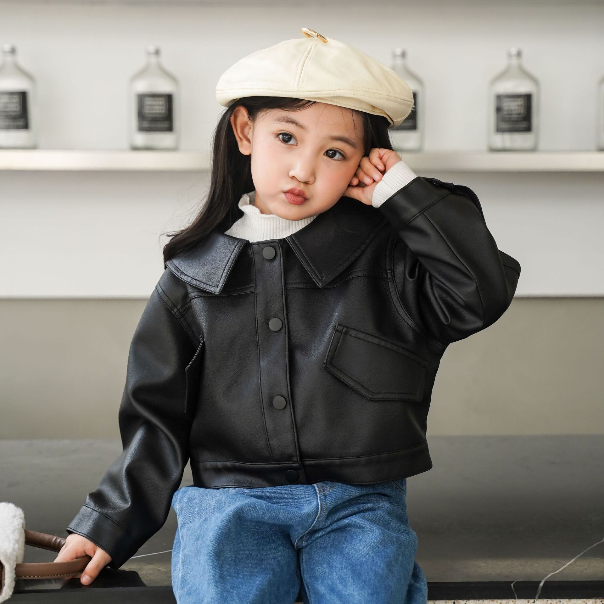 童装皮衣翻领小香风可爱帅气洋气女童秋冬洋气机车服皮夹克外套