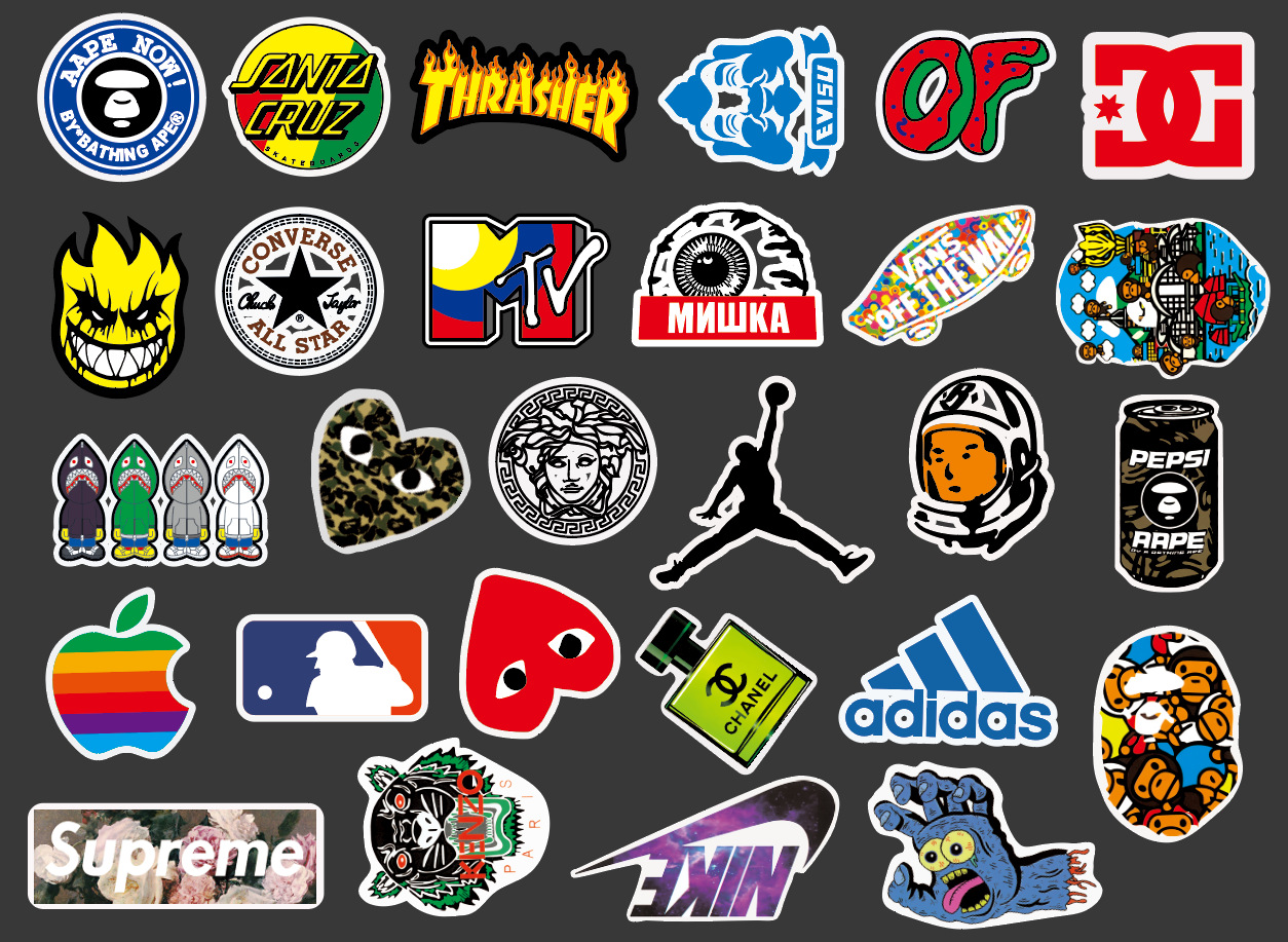 100张潮牌logo行李箱贴纸涂鸦贴画卡通贴纸摩托车头盔防水贴纸