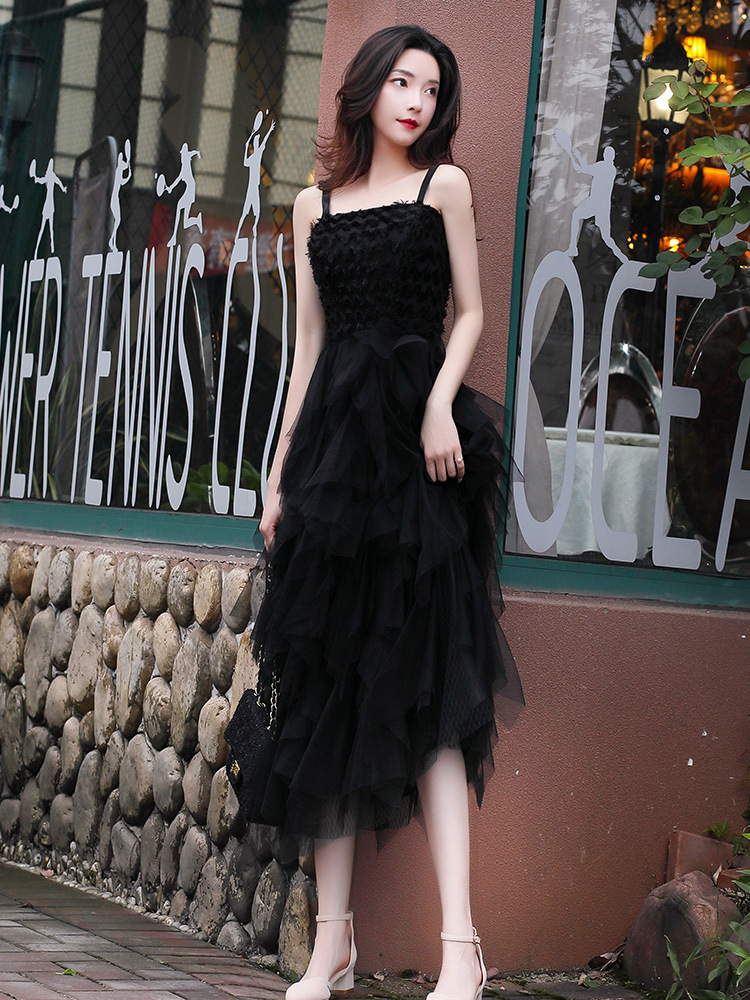 晚礼服黑色性感吊带小黑裙生日聚会派对主持人名媛蛋糕裙连衣裙女
