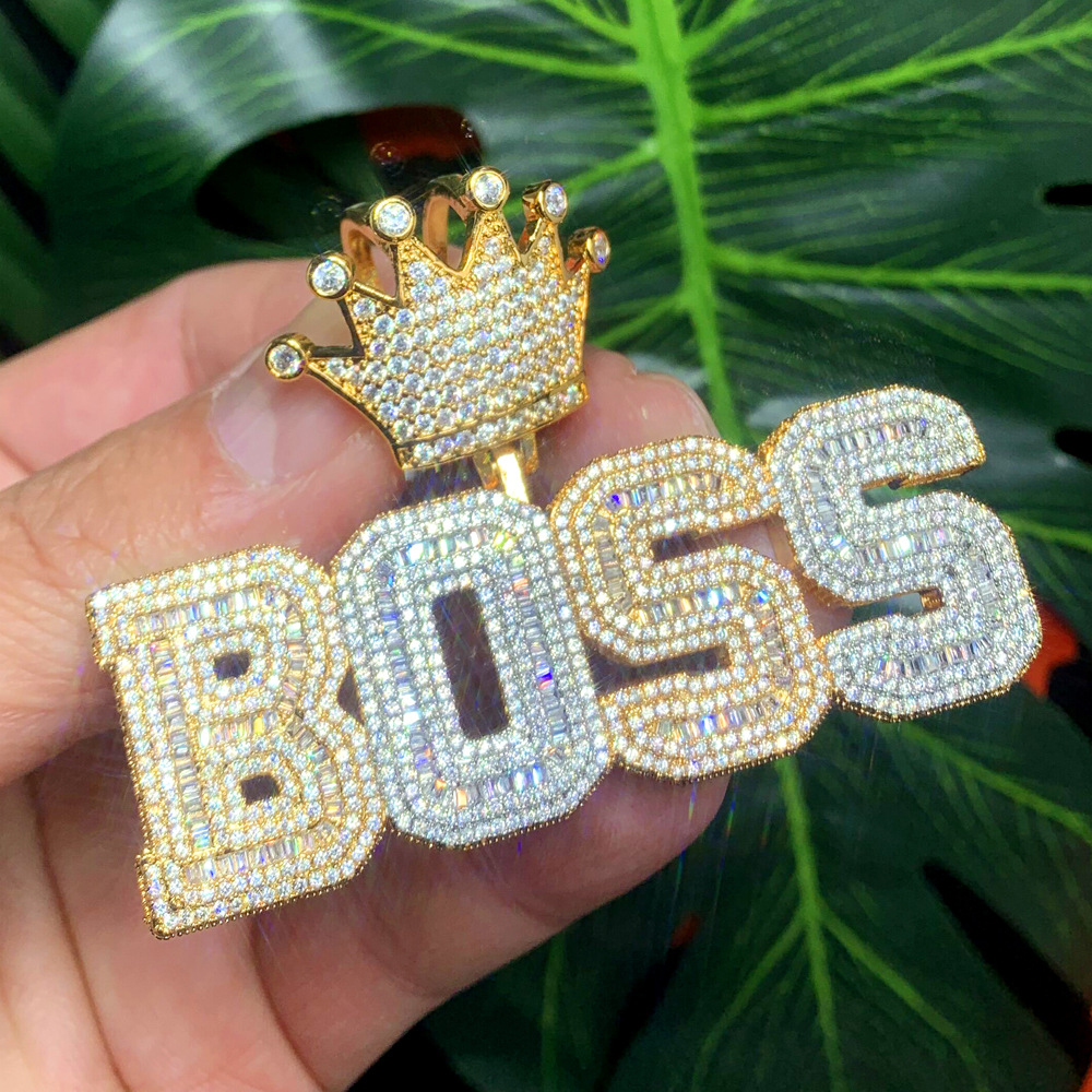 欧美新款镶钻皇冠字母吊坠嘻哈项链男士hiphop吊坠潮牌个性饰品