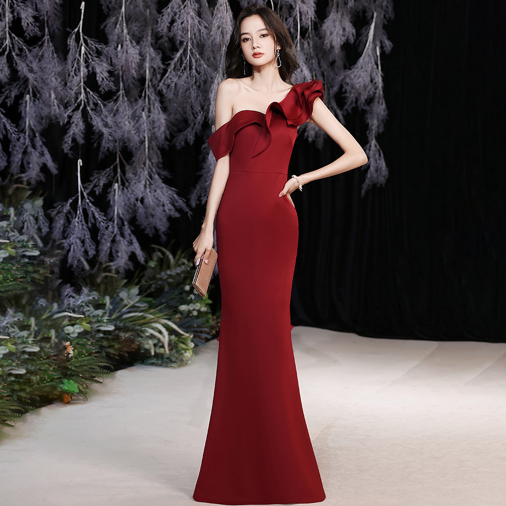 敬酒服新娘结婚晚礼服女高端气质名媛宴会舞会裙酒红色鱼尾连衣裙