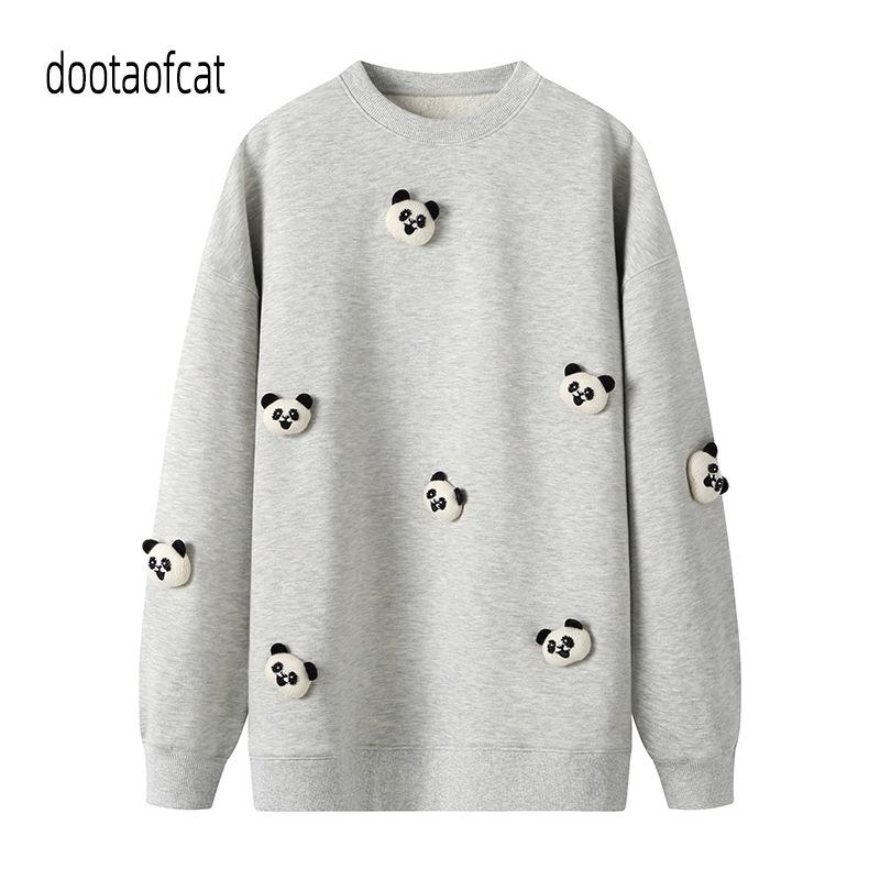 预2023冬新款女装宽松撞色复古立体熊猫刺绣棉卫衣uy23412e124132