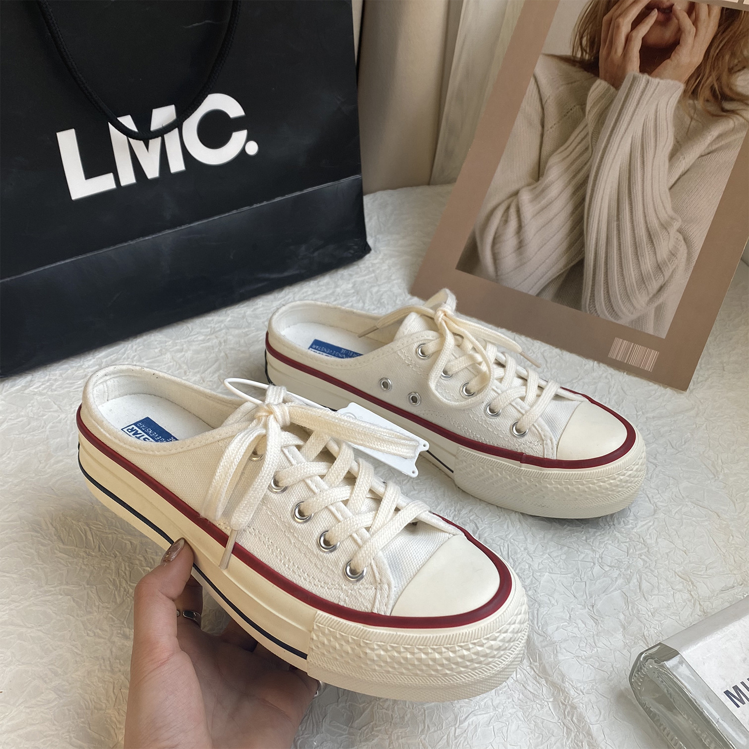 厚底帆布鞋半拖女鞋小白鞋女2024春新款无后跟一脚蹬半踩懒人鞋女