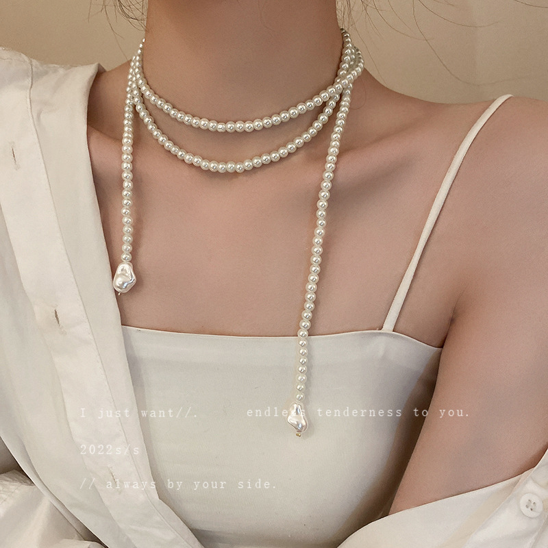 Retro Long Pearl Necklace Korean Simple Elegant Design Clavicle Chain Internet Celebrity Personalized New Pendant Necklace for Women