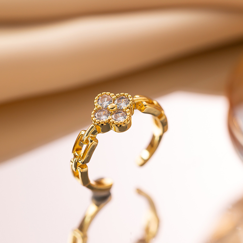 新款铜不掉色韩国甜美精致小清新花朵四叶草开口可调节戒指女