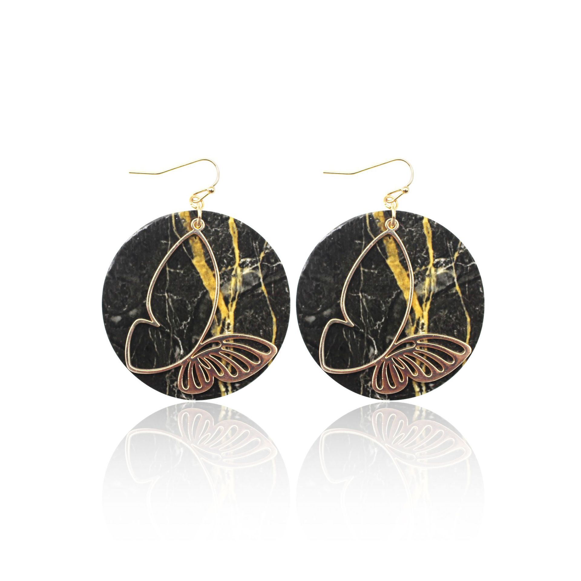 Natural Marble Texture Leather Pu Earrings Alloy Butterfly round Cross-Border European and American Amazon