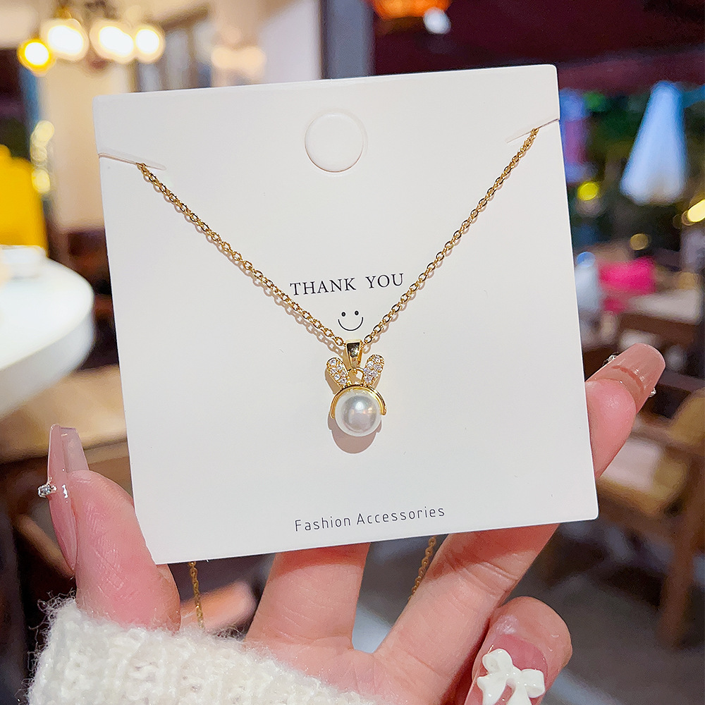 Japanese and Korean Special-Interest Design Bunny Pendant Light Luxury All-Match Pearl Necklace Women's Fashion Non-Fading Titanium Steel Clavicle Chain