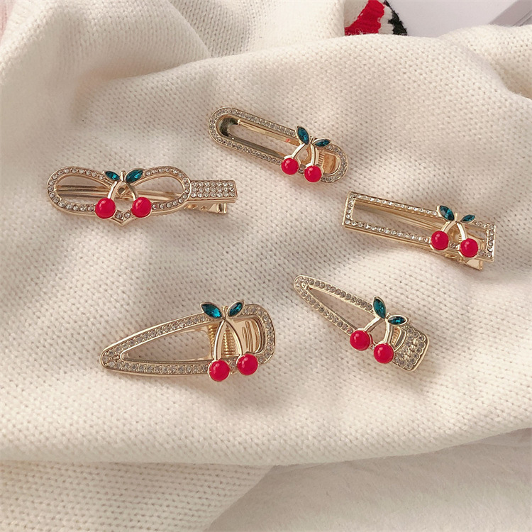 Yingmin Accessory Cute Princess Rhinestone Cherry Barrettes Girl Side Bang Clip Forehead Side Clip Versatile High Texture Hairpin Hair Accessories