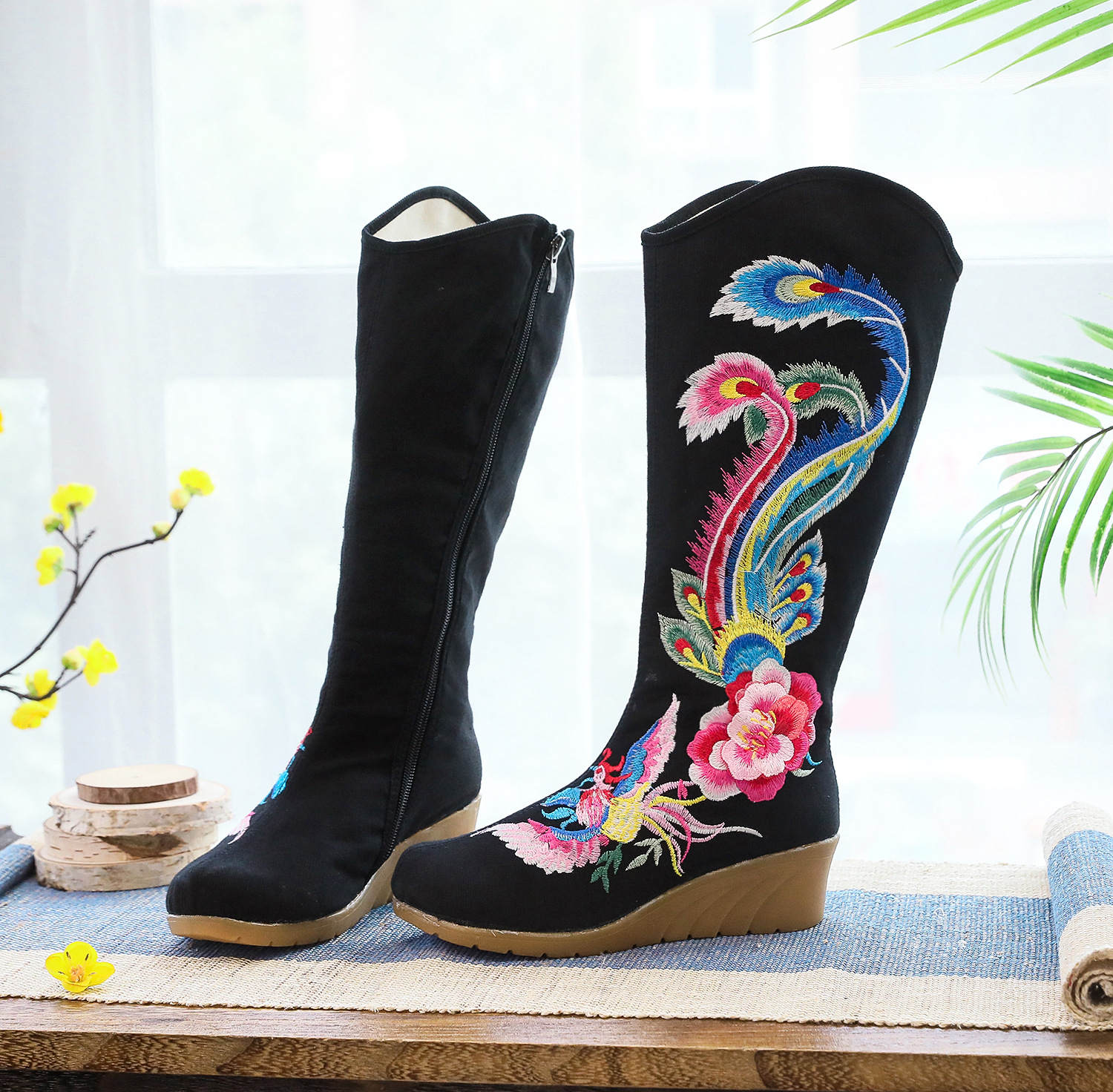 朱雀长靴 单靴 帆布提花棉中国风朱雀孔雀仙鹤绣花短靴长靴女单靴