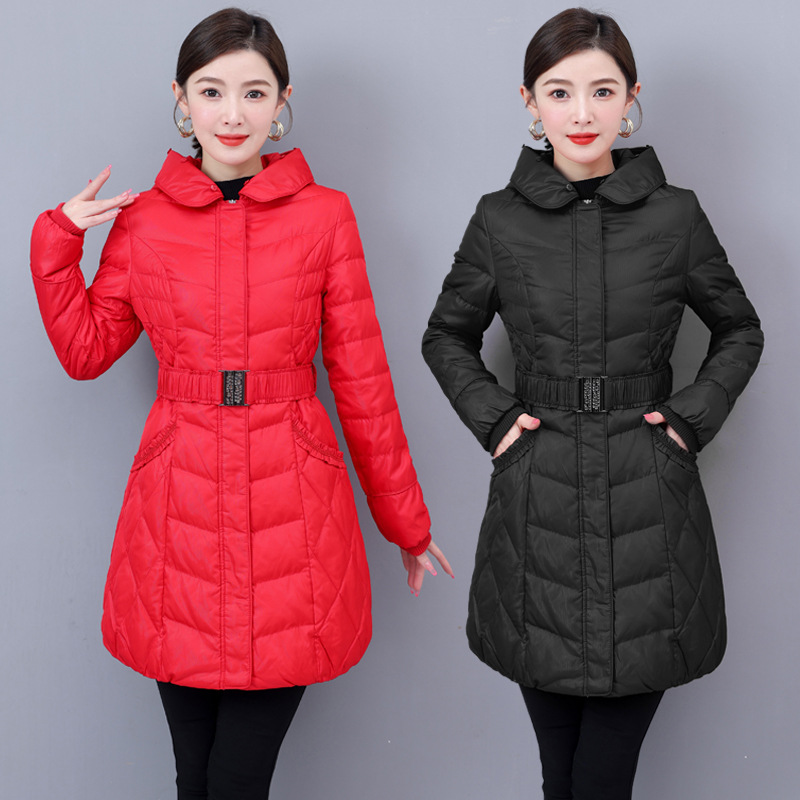 清仓特价白鸭绒中长款羽绒服女腰带款连帽冬装时尚修身中青年外套