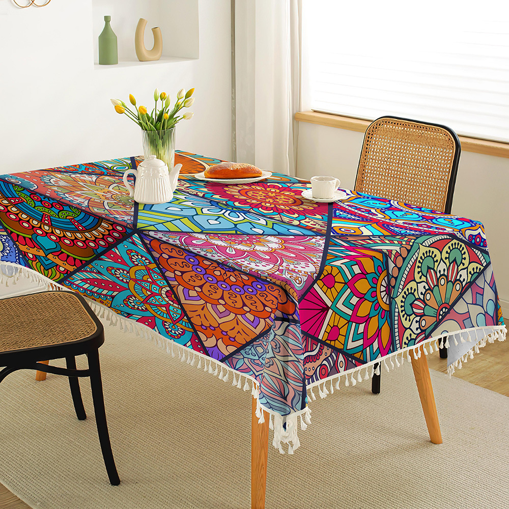 New Ethnic Style Tablecloth Camping Table Cloth Bohemian Placemat Waterproof Oil-Proof Cotton Linen Printing Coffee Table Cloth