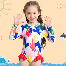儿童泳衣女童连体游泳衣2024新款长袖印花拉链防嗮跨境女孩泳装