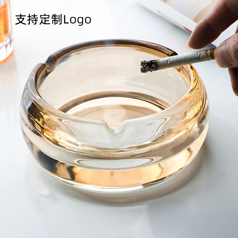 创意圆形玻璃烟灰缸三卡槽烟灰碟客厅摆件灭烟器防飞灰烟灰缸批发