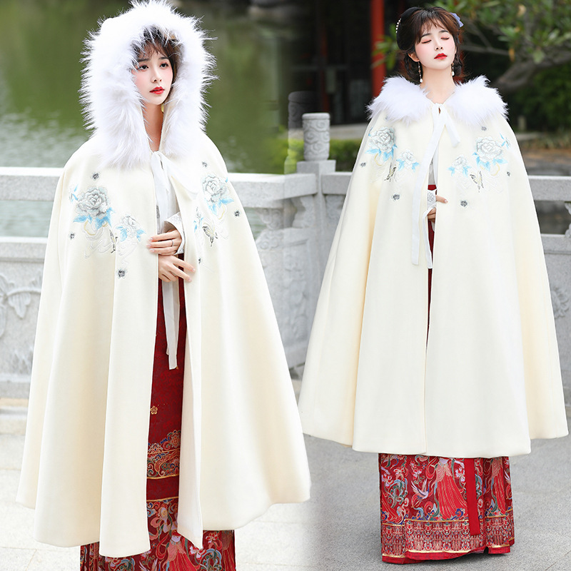 古典中国风刺绣汉服女加绒加厚连帽可拆毛领长款披风斗篷冬季保暖