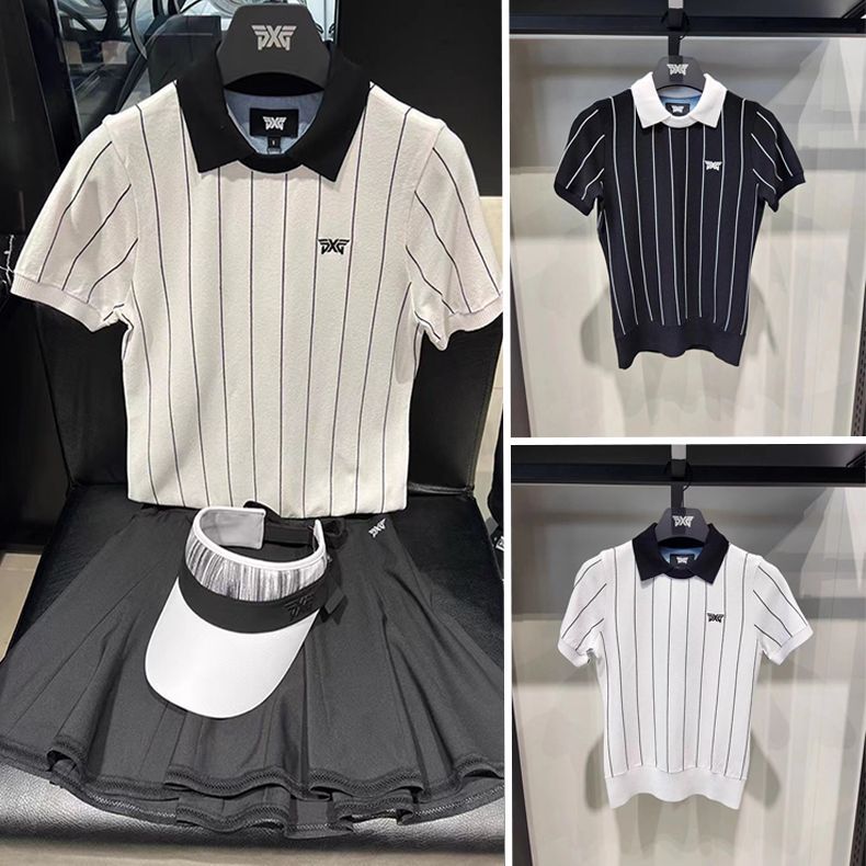 韩国高尔夫服装24新款女士夏季翻领休闲条纹短袖上衣时尚百搭透气