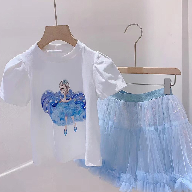 女童夏装套装2024新款儿童短袖t恤冰雪奇缘两件套宝宝洋气半身裙