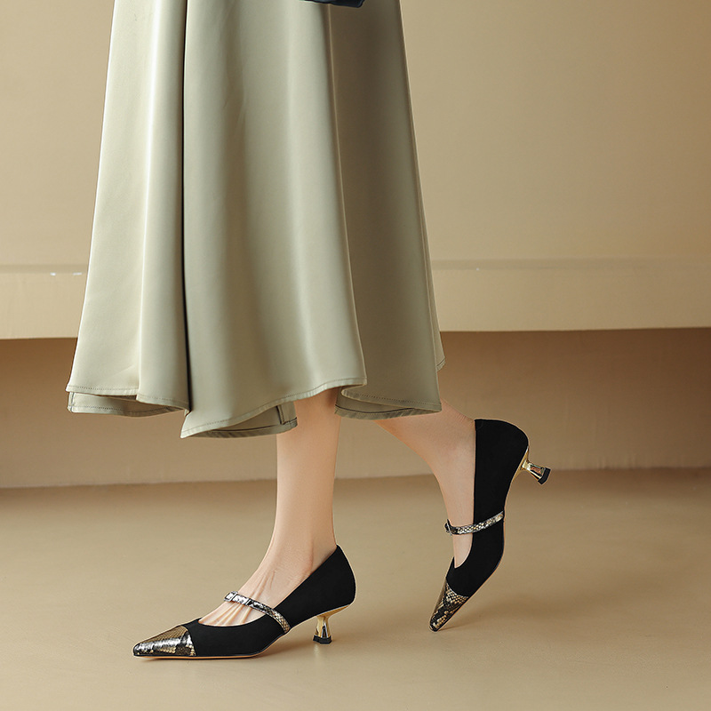 通勤女鞋春夏季新款鞋子尖头细跟拼色蛇纹玛丽珍鞋时装浅口单鞋女