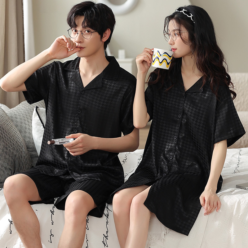 新款男士睡衣情侣冰丝夏季休闲女士薄睡裙v领衬衫裙家居服可外穿