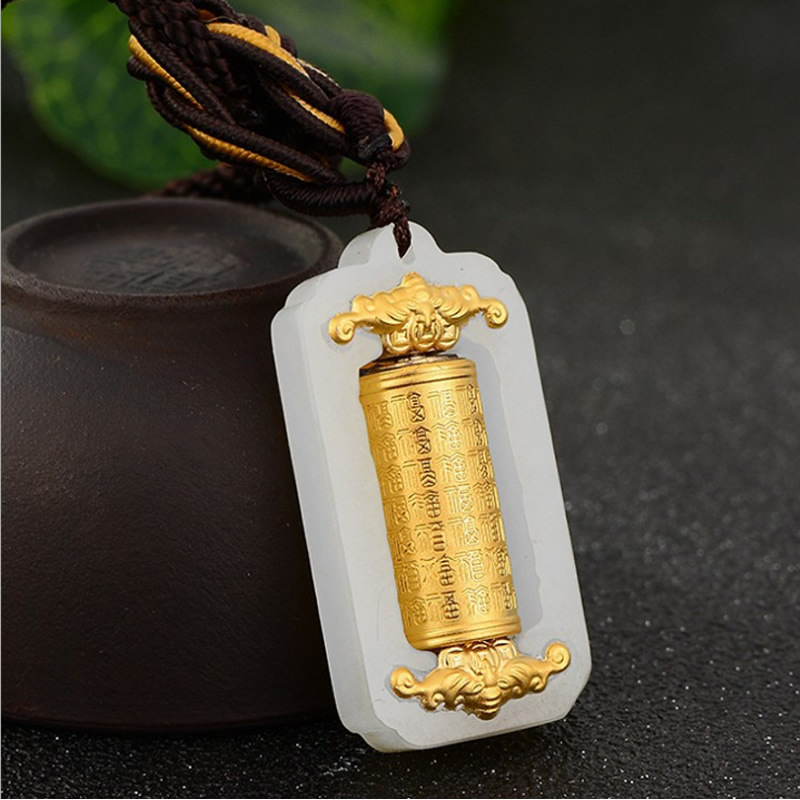 和田玉黃金镶玉转运筒吊坠项链 时来运转观音佛百福心经直播货源