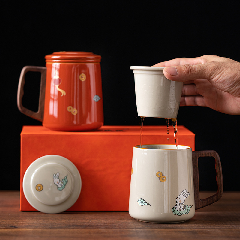 兔子茶水分离三件套水杯陶瓷杯商务周年活动礼品纪念品水杯伴手礼