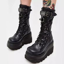 大码朋克暗黑厚底骑士靴punk women wedge boots martin boots