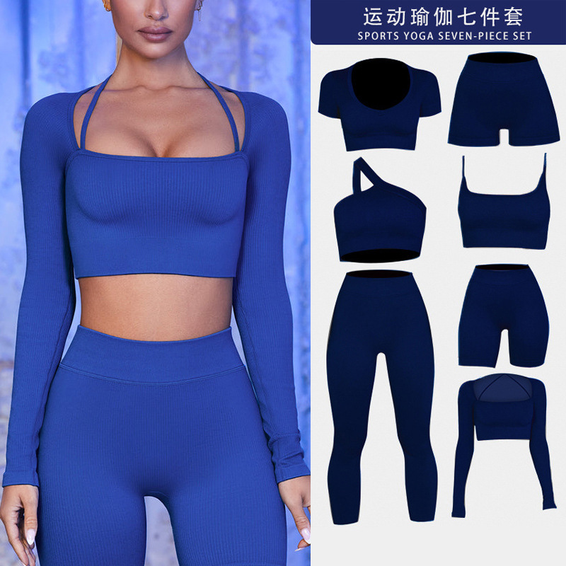 European and American Hot One Shoulder Bra Shoulder Straps Tight Hot Pants and Bermuda Shorts Body Long Sleeve Exercise Fitness Exercise Yoga Seven Piece Set