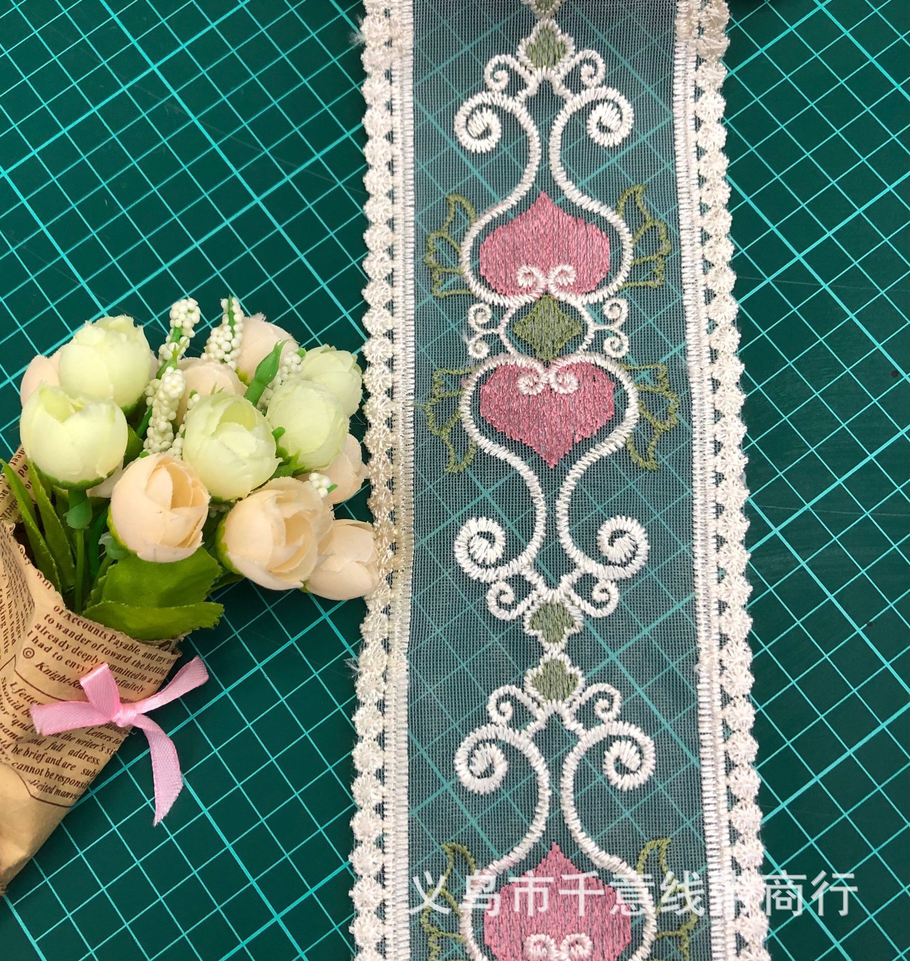 In Stock Wholesale Mesh Embroidery 8cm Milk Silk Wedding Dress Home Textile Fabric Embroidery Bar Code Decoration Accessories
