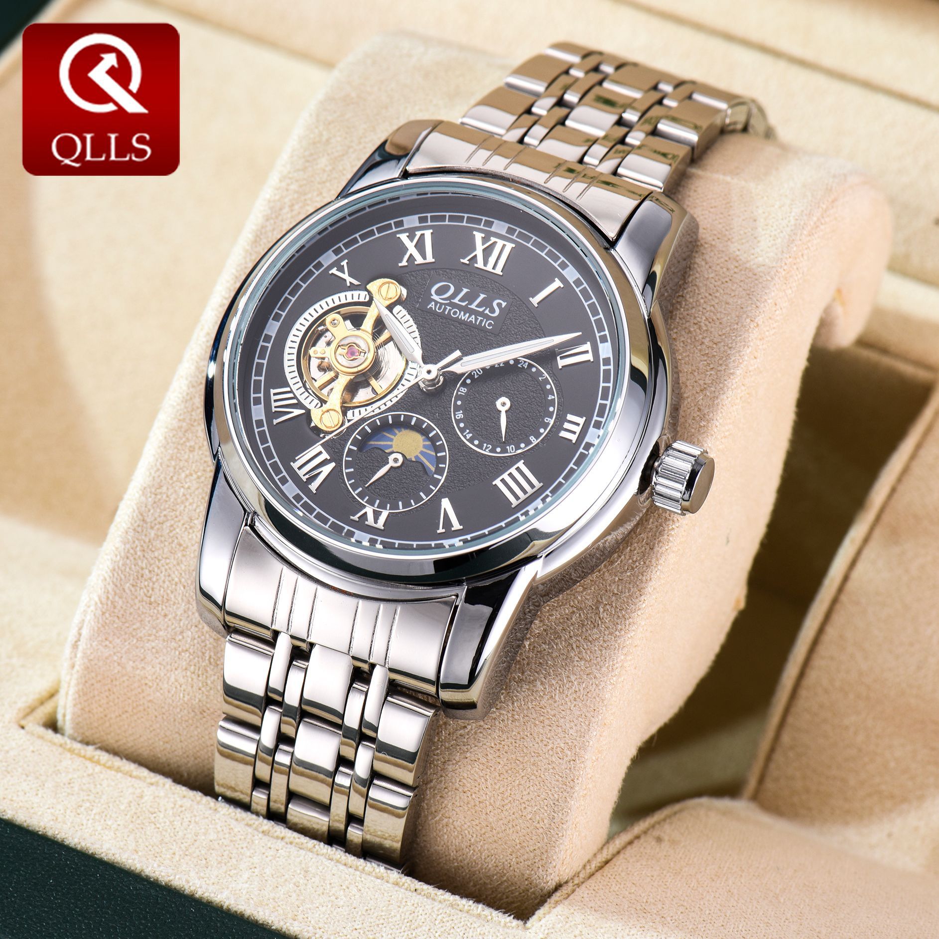 qlls品牌手表男 全自动机械男士手表精钢防水镂空陀飞轮高端watch