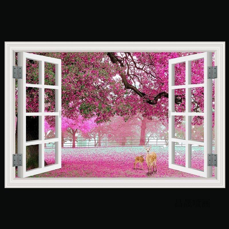 贴在墙上的纸画 风景 自粘林田园风景贴画客厅卧室自粘整张墙贴纸