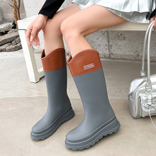 2024跨境新款高筒雨鞋女款成人时尚外穿厚底雨靴女士防水防滑胶鞋