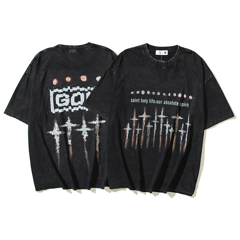 2024春夏新款t恤 侃爷美式潮品saint摇滚乐队印花洗水