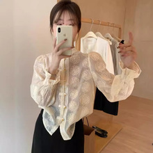 新中式蕾丝刺绣衬衫女春季设计感国风立领盘扣上衣法式喇叭袖衬衣