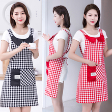 20N大口袋围裙女韩版格子背带纯棉厨房家用防尘污成人时尚可爱工
