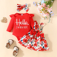 亚马逊女婴裙套装春秋0-1岁女孩长袖字母上衣+花朵蝴蝶背带裙发带