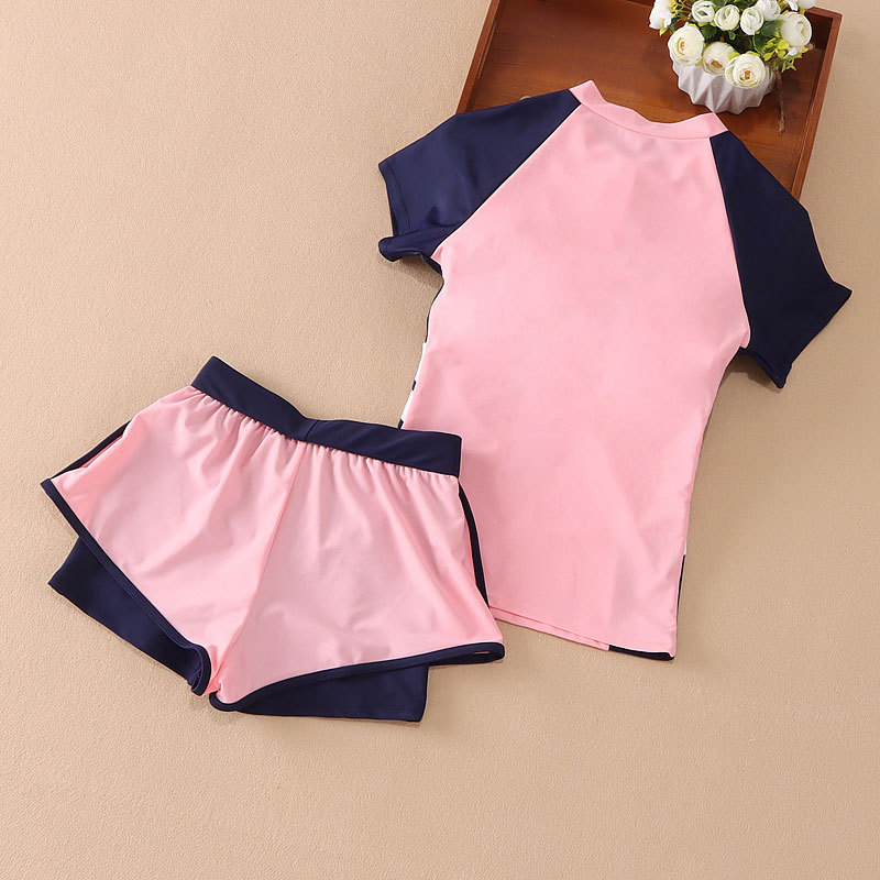 Girl's Swimsuit Two-Piece Short Sleeve Sun Protection Medium and Large Children's Boxers Children Quick-Drying Two-Piece Suit Student Swimwear Wholesale