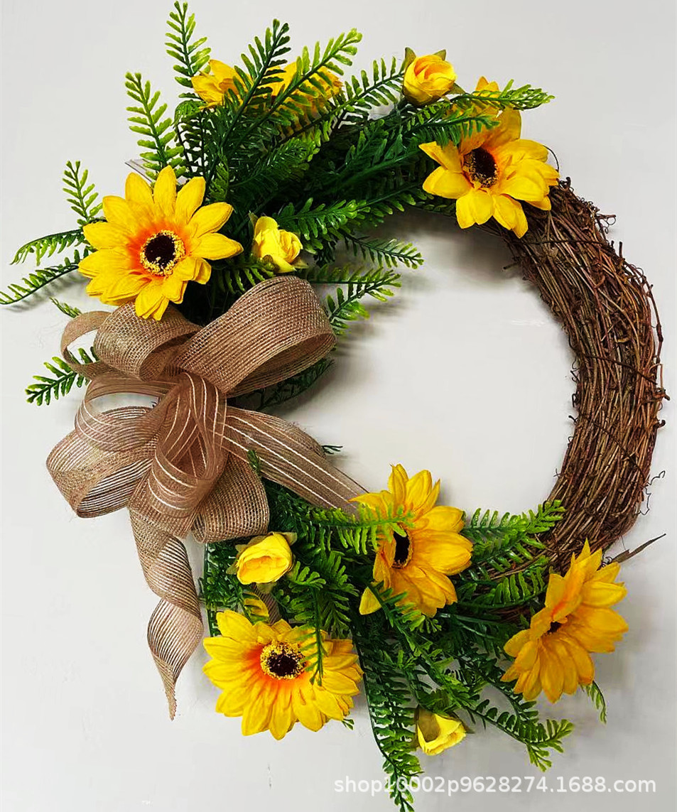 跨境新品向日葵花环秋天藤圈花环墙挂向日葵花环门挂件可来样定做