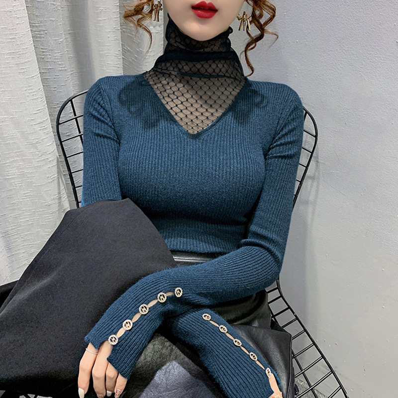 小众网纱堆堆高领线衣女春季柔软内搭打底衫新款纽扣长袖针织衫潮