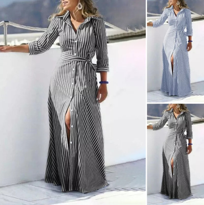 2023 New Europe and America Cross Border Polo Collar Temperament Cotton and Linen Stripes Bohemian Three-Quarter Length Sleeves Cardigan Dress