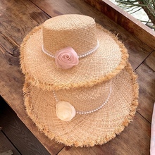 小香风玫瑰花珍珠链条拉菲草帽夏天法式优雅度假遮阳帽防晒太阳帽