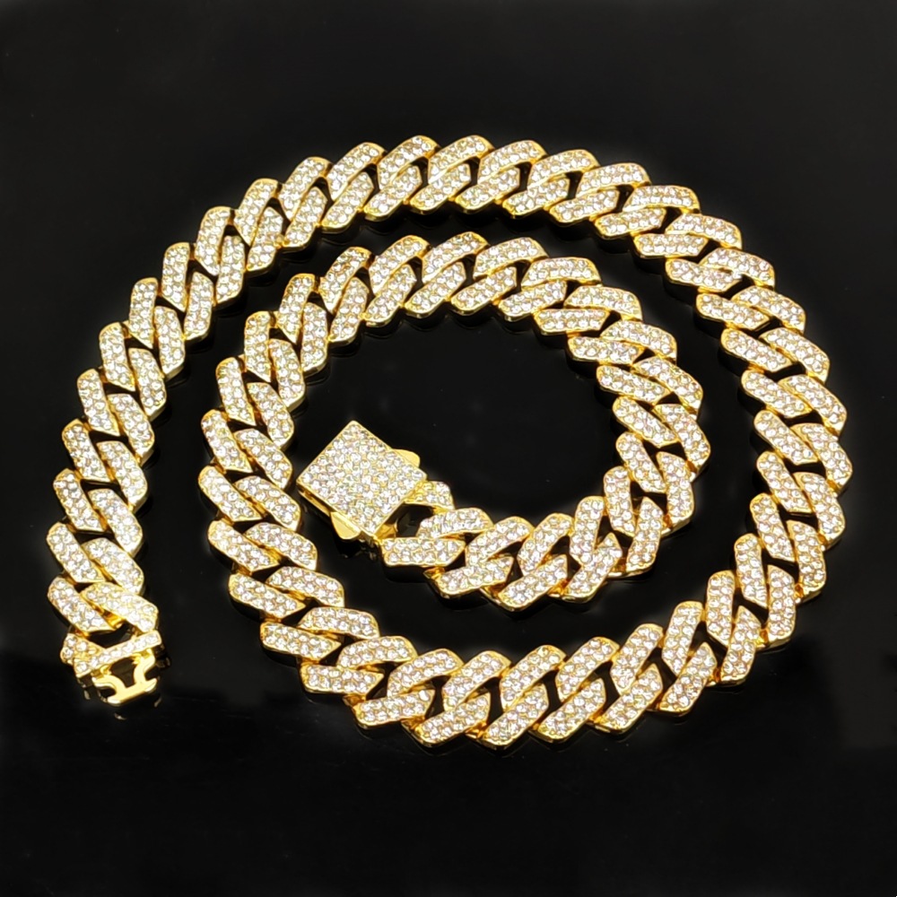 Hot Sale Zinc Alloy Material 14mm Thick Encryption Full Diamond Diamond Cuban Link Chain Necklace Rap Hip Hop Ear Accessories