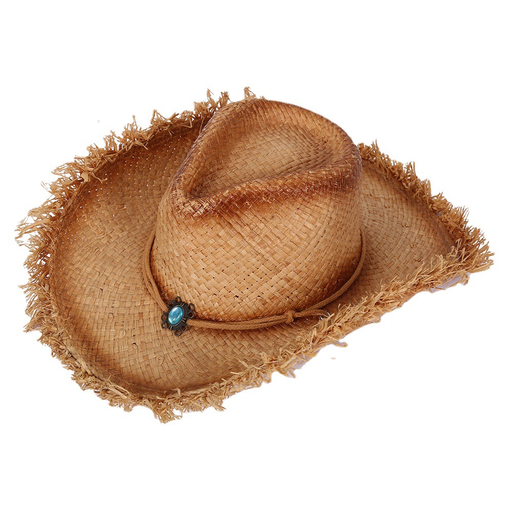 Korean Style Fashionable Frayed Hem Wide Brim Cowboy Hat Raffia Straw Flanging Hat Seaside Sun-Proof Solid Color Straw Hat