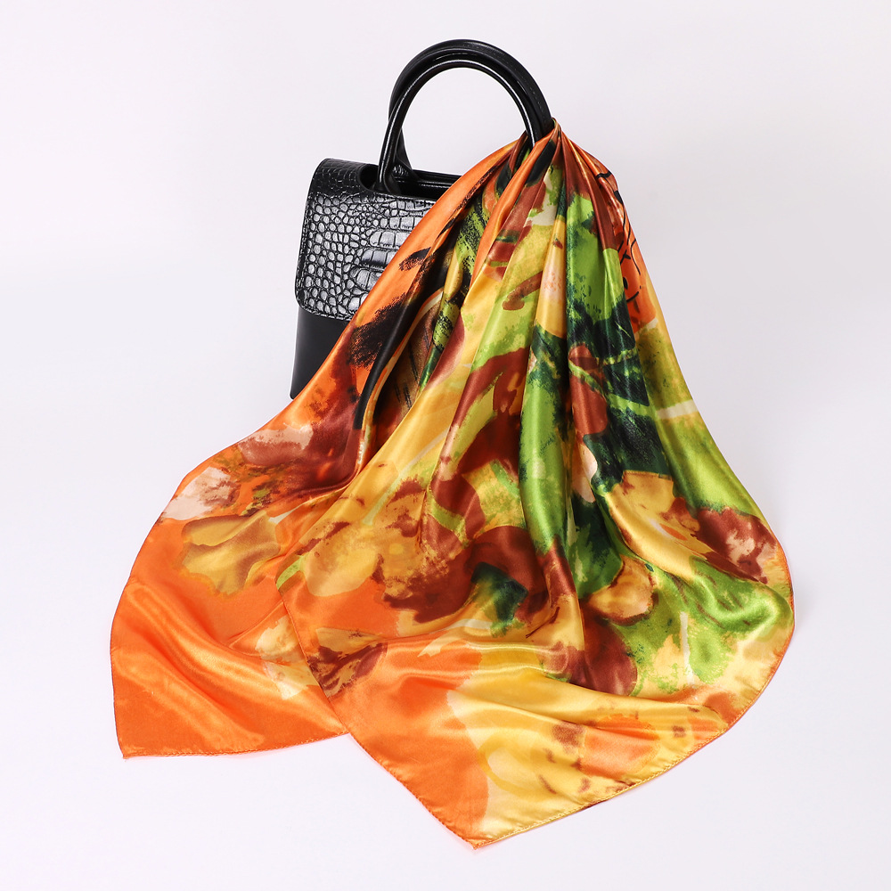 New Simple Fashion Plant Flower Scarf Emulation Silk Scarf Square Scarf Women's Bag Headscarf Scarf Travel Gift