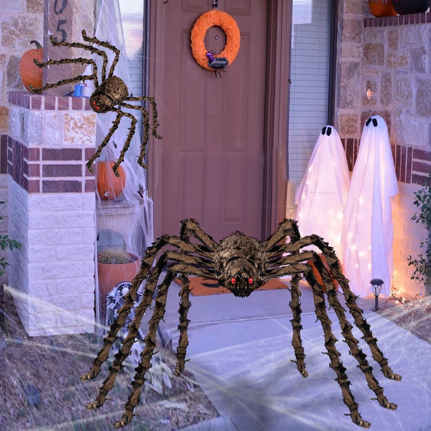 万圣节跨境热销新款金色毛绒大蜘蛛三角网蜘蛛网场地布置道具恐怖