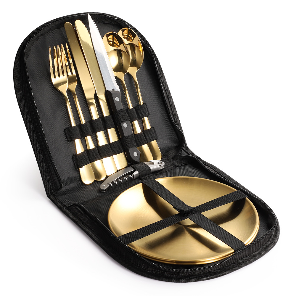 户外野营野餐包餐具刀叉勺子不锈钢餐盘开瓶器套装全钢刀叉勺镀金